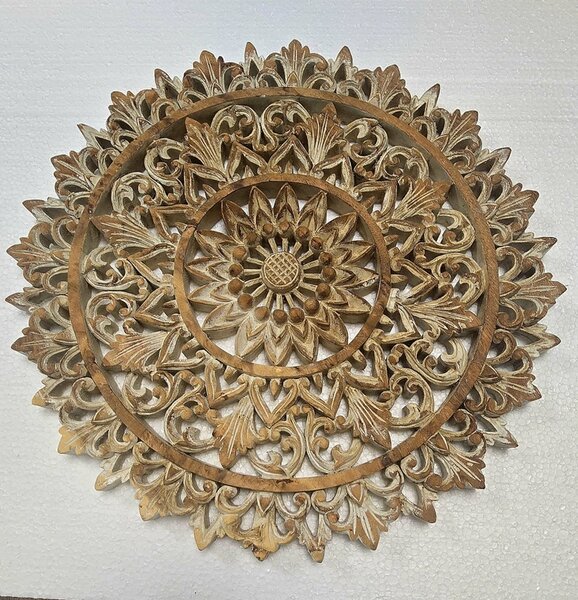 Dekorácia na stenu MANDALA White lace- exotické drevo, ručná práca,40 cm (masterpiece - ručná drevorezba )