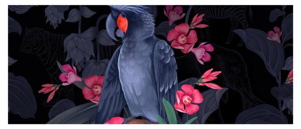 Obraz - Papagáj medzi kvetmi (120x50 cm)