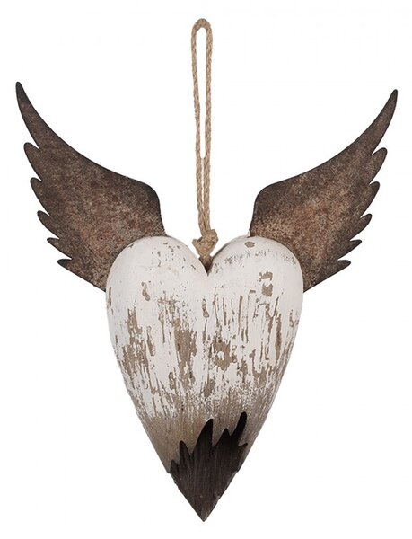 Dekorácia závesné srdce s anjelskými krídlami Angel Rustic L - 25*4*30 cm - Clayre & Eef