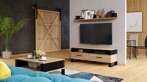 GOKEE RTV-145 Dub Craft Zlatý/ Čierna matná - MODERNÁ SKRIŇA POD TELEVÍZOR S LAMELAMI