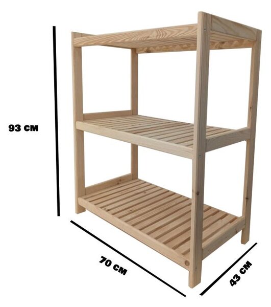 Drevený regál s 3 policami, 93 × 70 × 43 cm, borovica, česká
