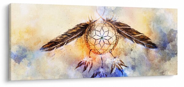 Obraz - Lapač snov s pierkami (120x50 cm)