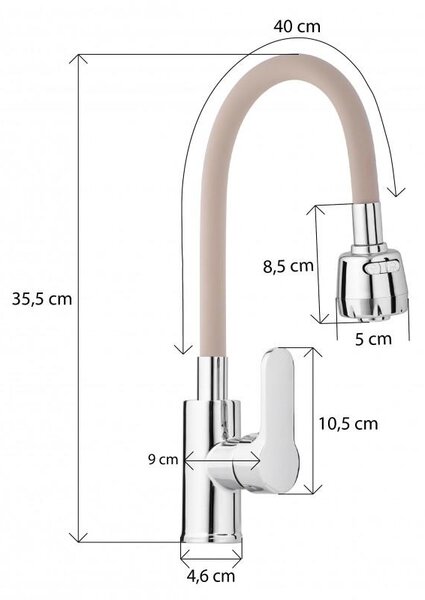 Erga Pogo, stojanková drezová batéria so spŕškou a flexibilným ramenom h-355, béžová-chrómová, ERG-YKA-BZ.POGO-BGE