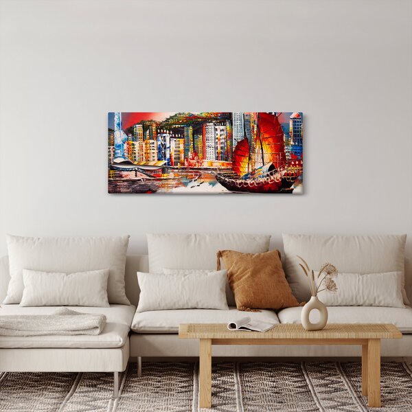 Obrázok - Victoria Harbor, Hong Kong, olejomaľba (120x50 cm)