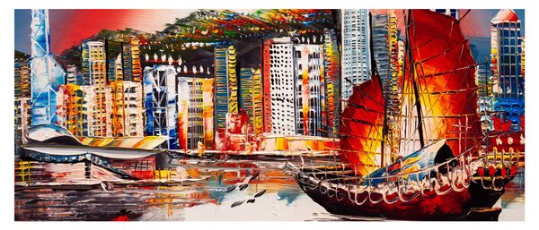 Obrázok - Victoria Harbor, Hong Kong, olejomaľba (120x50 cm)