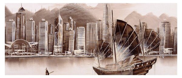 Obrázok - Victoria Harbor, Hong Kong, sépiový efekt (120x50 cm)