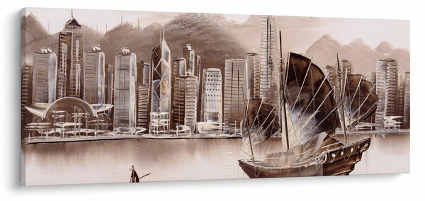 Obrázok - Victoria Harbor, Hong Kong, sépiový efekt (120x50 cm)