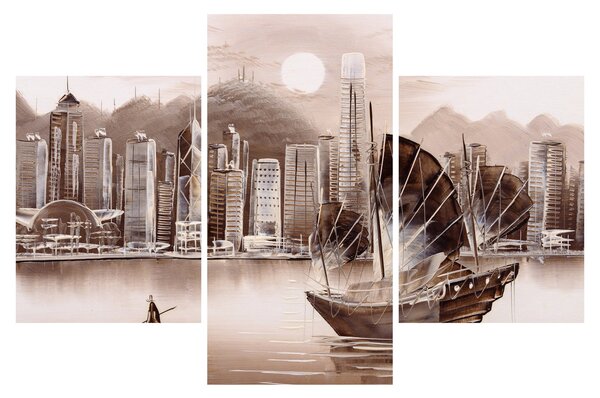Obrázok - Victoria Harbor, Hong Kong, sépiový efekt (90x60 cm)