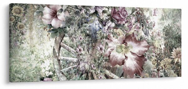 Obraz kvetov na drevenom bicykli (120x50 cm)