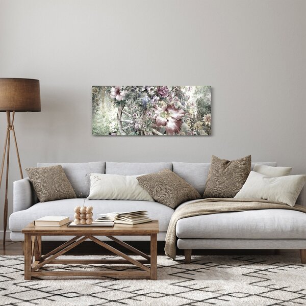Obraz kvetov na drevenom bicykli (120x50 cm)