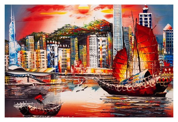 Obrázok - Victoria Harbor, Hong Kong, olejomaľba (90x60 cm)