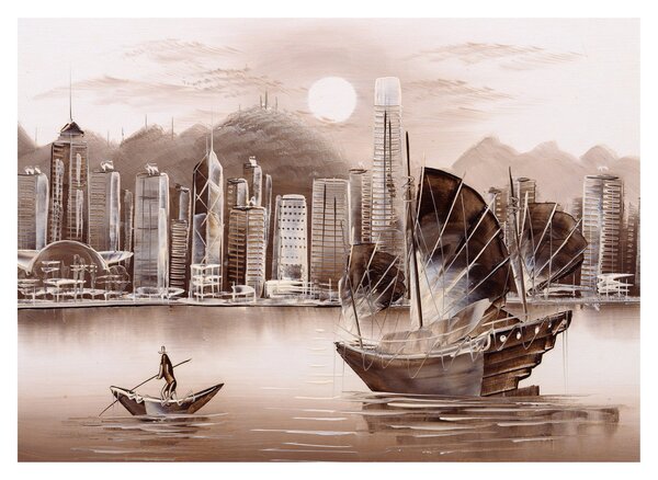 Obrázok - Victoria Harbor, Hong Kong, sépiový efekt (70x50 cm)