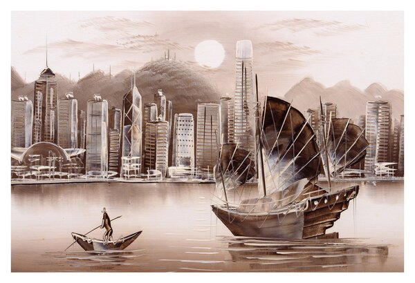 Obrázok - Victoria Harbor, Hong Kong, sépiový efekt (90x60 cm)