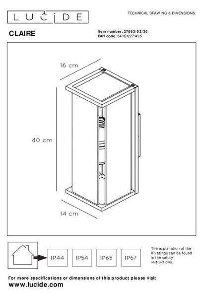 Lucide 27883/02/30 CLAIRE exteriérové nástenné svietidlo 2xE27 IP54 15W
