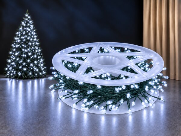 Vianočné LED mikro reťaz, studená biela, 20m, 600 LED, 8 programov, zelený drôt, IP65