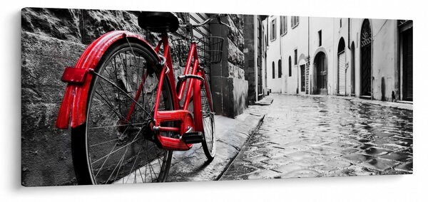 Obraz červeného kolesa na dláždenej ulici (120x50 cm)