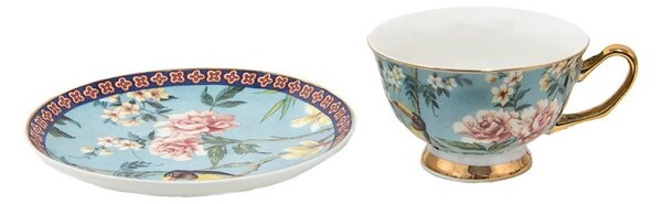 Modrá porcelánová šálka s tanierikom s kvetmi a Tukanom - 12*10*6 cm / Ø 15*2 cm / 200 ml - Clayre & Eef