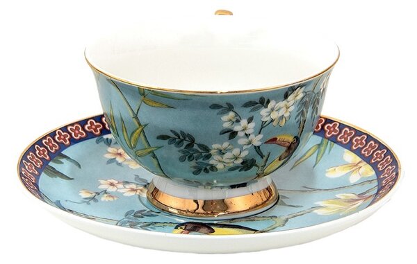 Modrá porcelánová šálka s tanierikom s kvetmi a Tukanom - 12*10*6 cm / Ø 15*2 cm / 200 ml - Clayre & Eef