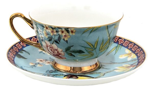 Modrá porcelánová šálka s tanierikom s kvetmi a Tukanom - 12*10*6 cm / Ø 15*2 cm / 200 ml - Clayre & Eef