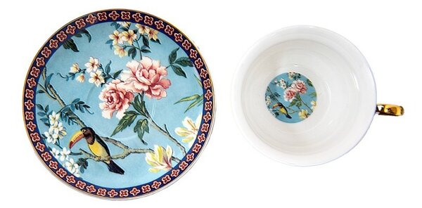 Modrá porcelánová šálka s tanierikom s kvetmi a Tukanom - 12*10*6 cm / Ø 15*2 cm / 200 ml - Clayre & Eef