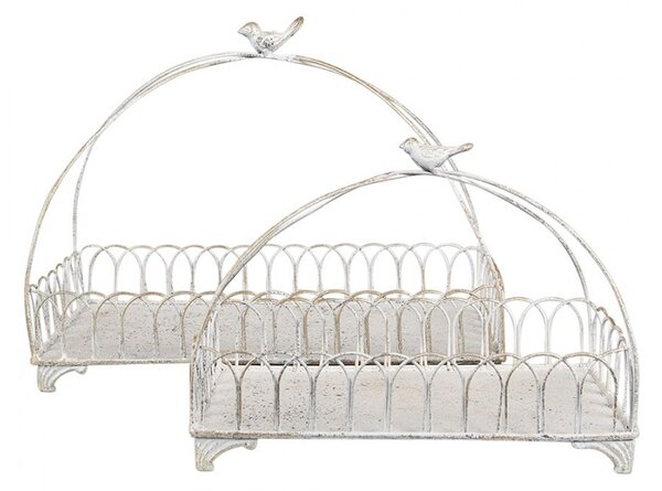 2ks biely antik kovový dekoračný košík s vtáčikmi Bird - 39*20*30 / 30*15*22 cm - Clayre & Eef