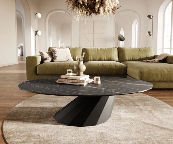 DELIFE Konferenčný stolík Edge oválny 140x80 cm keramika Laminam® Noir Desir hnedá Parabi kov čierna
