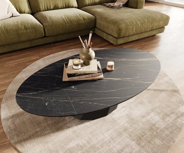 DELIFE Konferenčný stolík Edge oválny 140x80 cm keramika Laminam® Noir Desir hnedá Parabi kov čierna