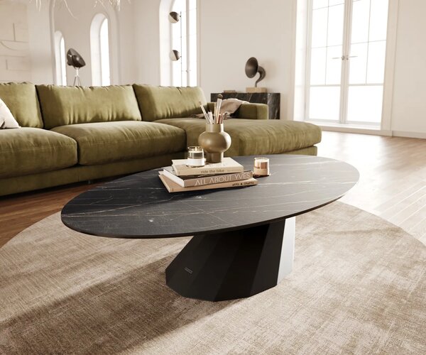 DELIFE Konferenčný stolík Edge oválny 140x80 cm keramika Laminam® Noir Desir hnedá Parabi kov čierna
