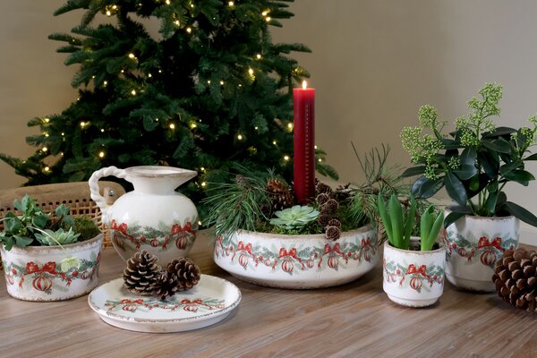 Béžový keramický džbán s vianočnými ozdobami Christmas Bow & Bauble - 20,5 * 18,5 cm - Chic Antique