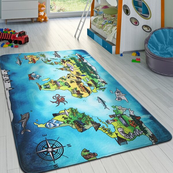 BO-MA, Protišmykový kusový koberec World map, 110x160, modrá, viacfarebná, detská izba