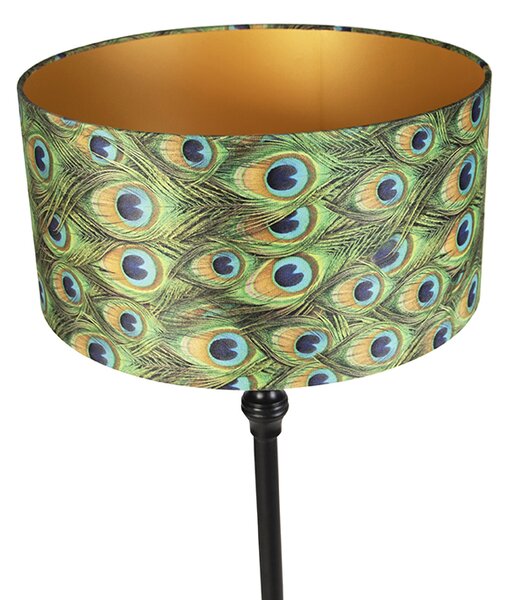 Stojaca lampa čierna s tienidlom z zamatu Peacock Gold 50 cm - Classico