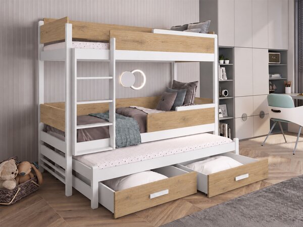 Poschodová posteľ s prístelkou Quintie 80x180 - biela/dub olejovaný