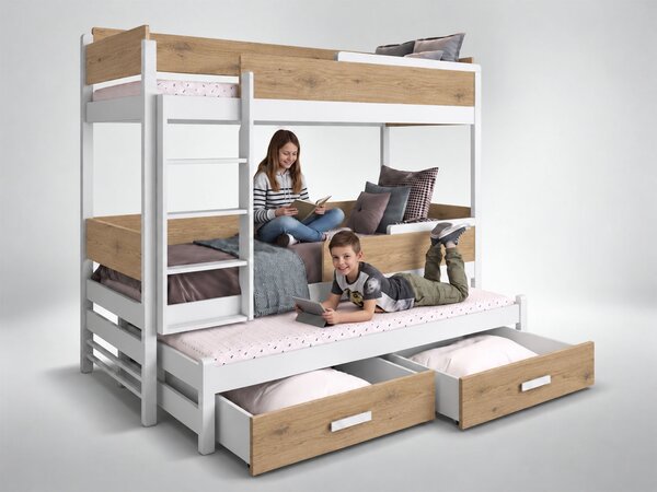 Poschodová posteľ s prístelkou Quintie 80x180 - biela/dub olejovaný