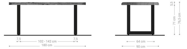 DELIFE Jedálenský stôl Edge 180x90 XL akácia prírodná nerezová oceľ široký Live-Edge