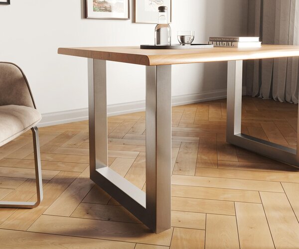 DELIFE Jedálenský stôl Edge 140x90 akácia prírodná nerezová oceľ široký Live-Edge