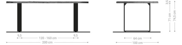 DELIFE Jedálenský stôl Edge 200x100 akácia hnedá nerezová oceľ úzky Live-Edge