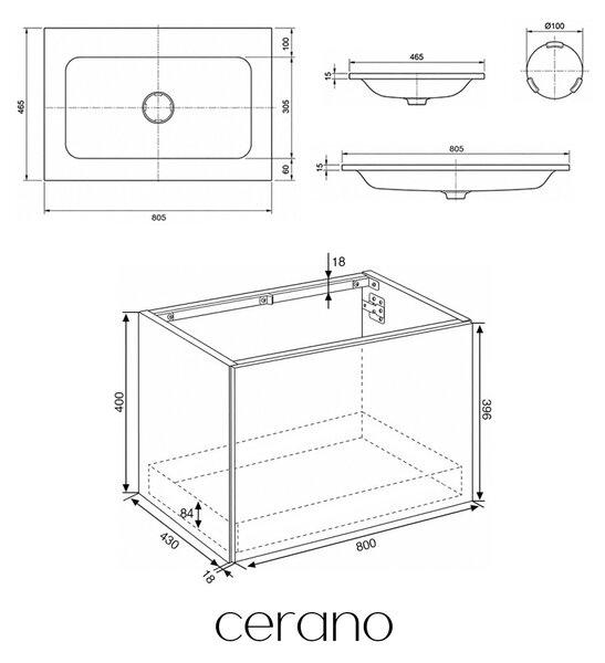 CERANO - Kúpeľňová skrinka Adele - dub Cannolo Cremona + umývadlo z liateho mramoru Amati - matná biela - 80,5x41,5x46,5 cm
