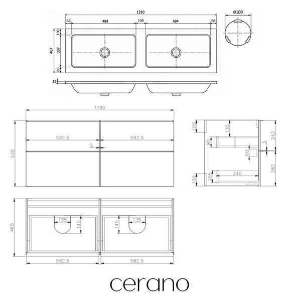 CERANO - Kúpeľňová skrinka Velora - matná čierna, čierna úchytka + dvojité umývadlo z liateho mramoru Amati - matná biela - 121x54,5x46,7 cm