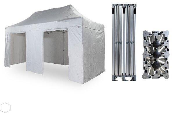 Nožnicový párty stan 3x6 m /6 nôh TENTino BIG HEXAGON EXTRA PRIECHOZÍ VÝŠKA 250-275 cm Farba opláštenia: 1A - BIELA