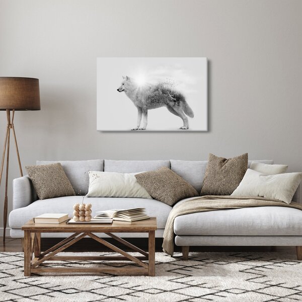 Obraz - Arktický vlk zrkadliaci divokú krajinu, čiernobiely (90x60 cm)