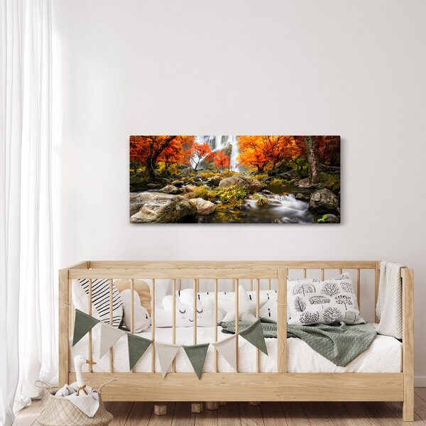 Obraz - Vodopády v oranžovom lese (120x50 cm)