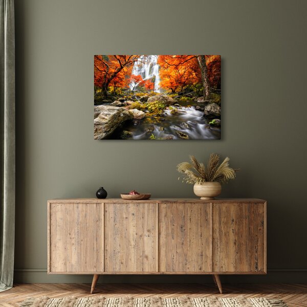 Obraz - Vodopády v oranžovom lese (90x60 cm)