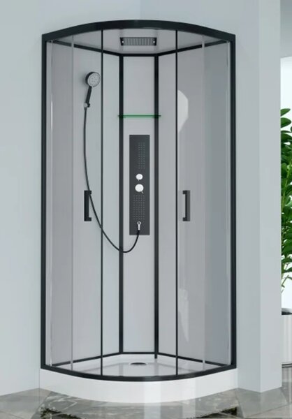 GLASS 90x90x225 Čierny Masážny sprchový box štvrťkruhový