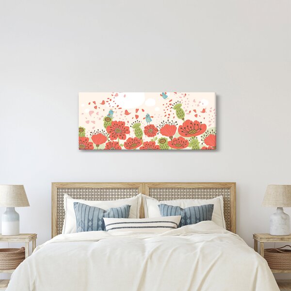 Obraz - Vtáčiky na rozkvitnutej lúke (120x50 cm)