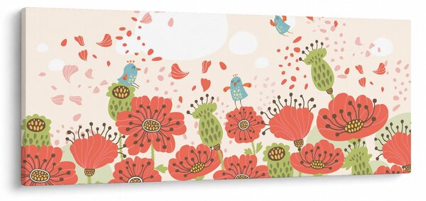 Obraz - Vtáčiky na rozkvitnutej lúke (120x50 cm)