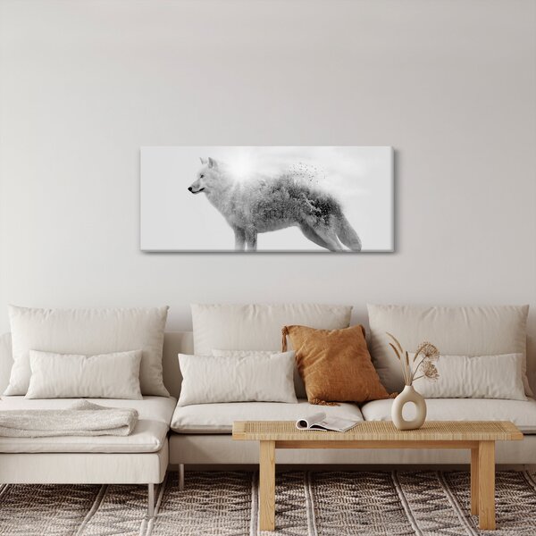 Obraz - Arktický vlk zrkadliaci divokú krajinu, čiernobiely (120x50 cm)