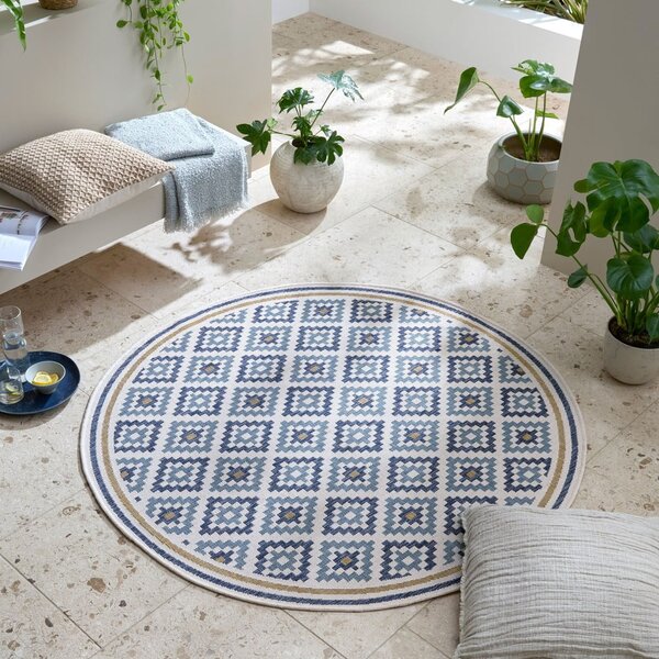 Žlto-modrý okrúhly vnútorný a vonkajší koberec ø 160 cm Zia Trellis – Flair Rugs