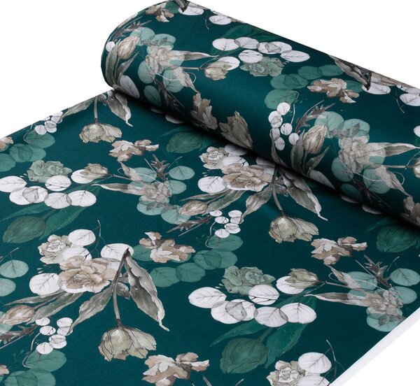 Biante Teflónový behúň na stôl TF-058 Kvety s eukalyptom na tmavo zelenom 20x120 cm
