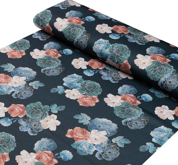 Biante Teflónový behúň na stôl TF-060 Modré a červené ruže na tmavo modrom 20x120 cm