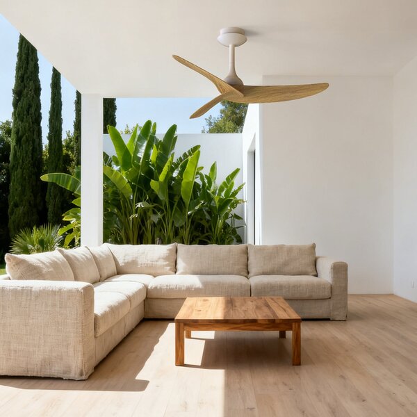 Stropný ventilátor Ipanema biely/drevo DC tichý IP44 – Mantra Mantra Iluminación, Ipanema, Biela, Obývacia izba, Kov, Moderný